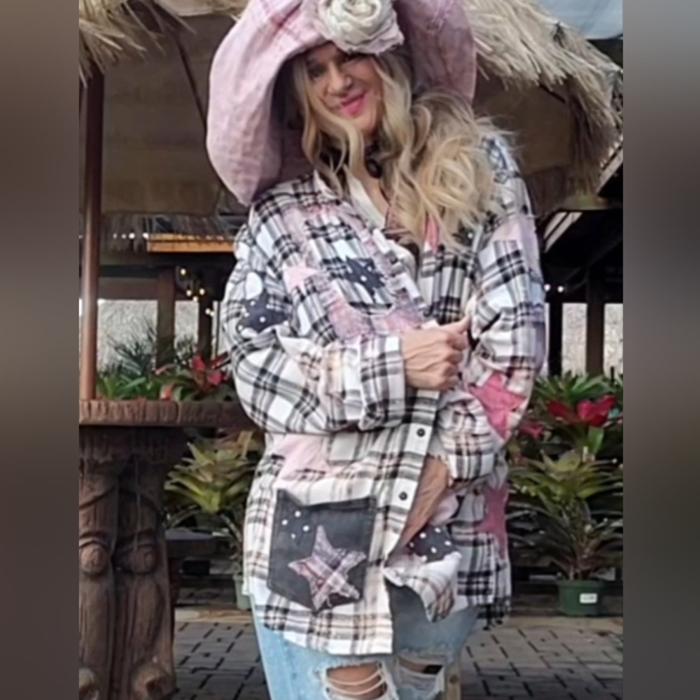 Designer Upcycled Kimono Cottage Patched Duster Buttondown Flannel Top